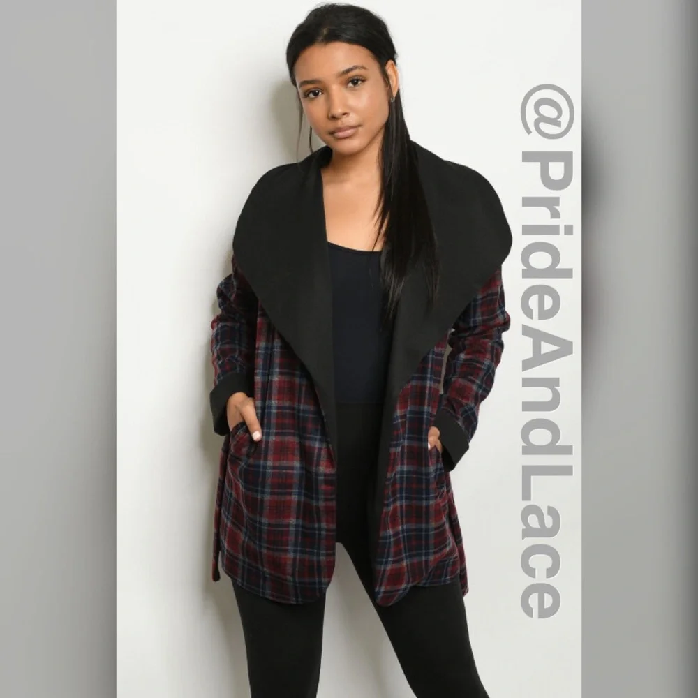 LAST 1️⃣🔴⚫️BLACK BURGUNDY CHECKERED TRENCH JACKET⚫️🔴 - Picture 4 of 10
